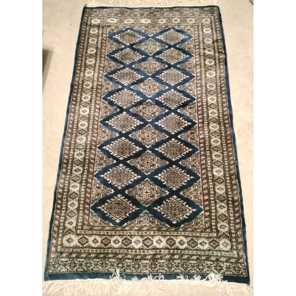 Vintage Hand Knotted Pakistani Wool Rug 36x66 Blue Geometric Tribal Kazak 90s